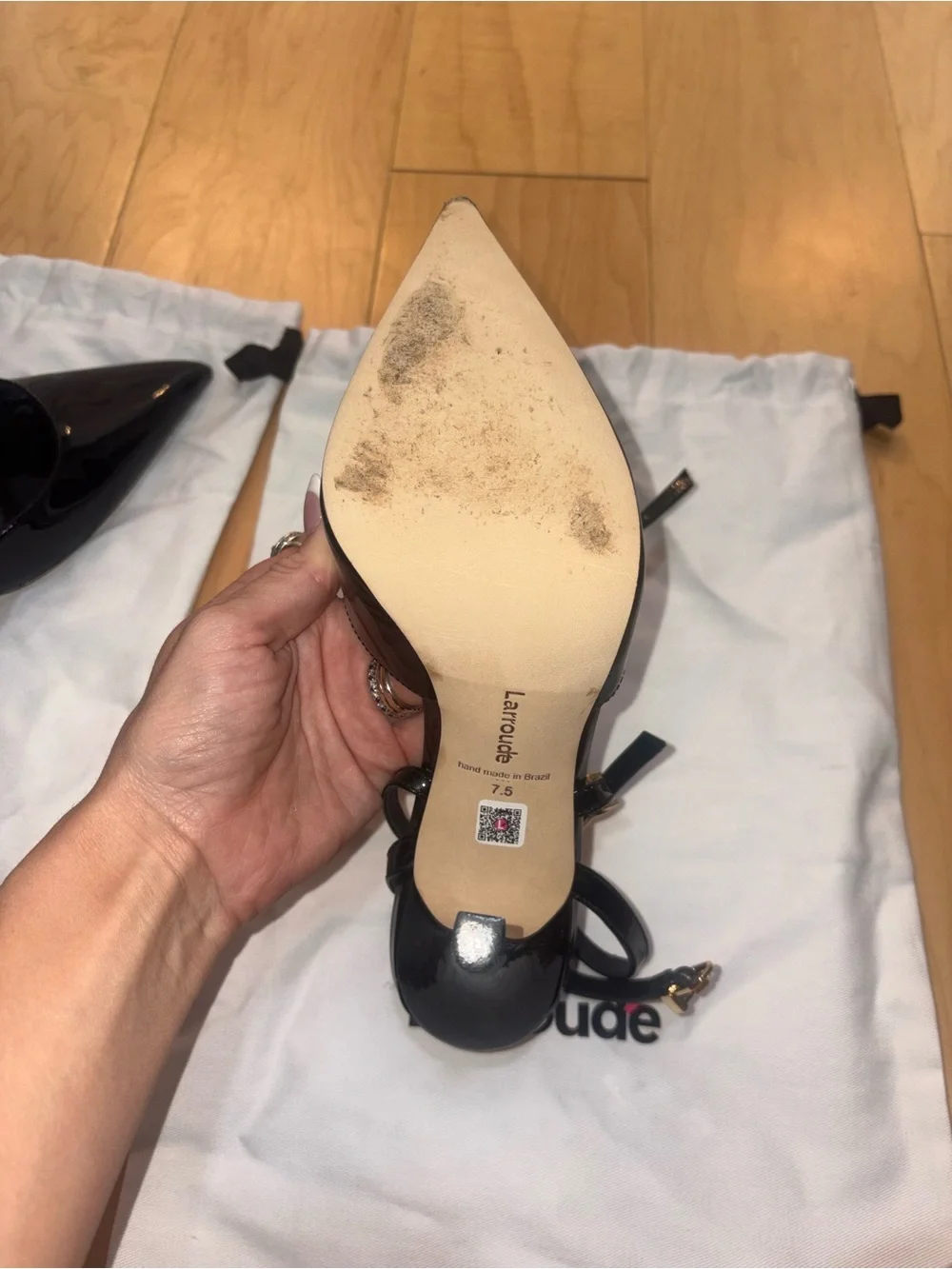Larroude Black Patent Pointed Ankle-Strap Heels